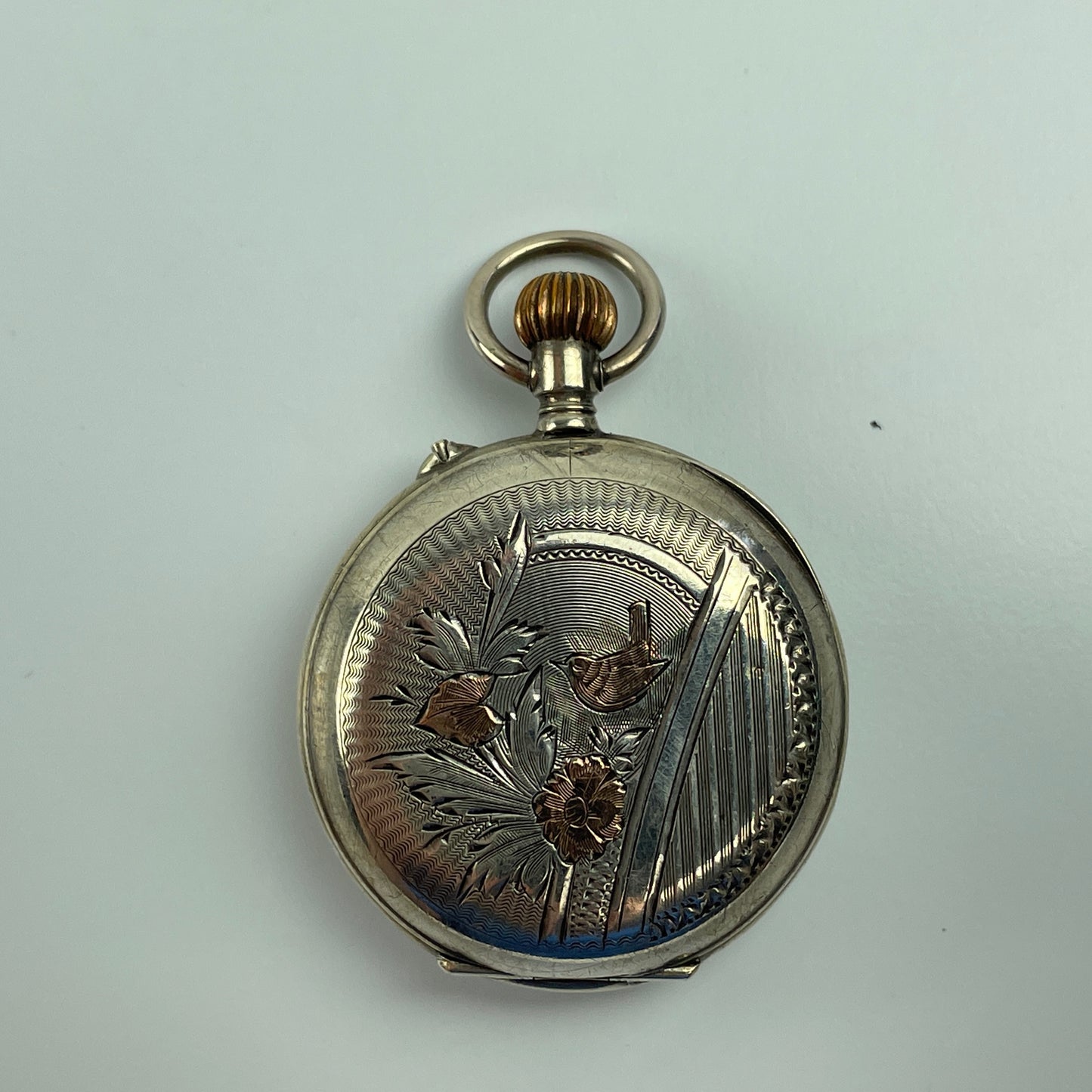 Lot 8- Swiss 35 MM Coin Silver with Gold Birds Pocket Watch