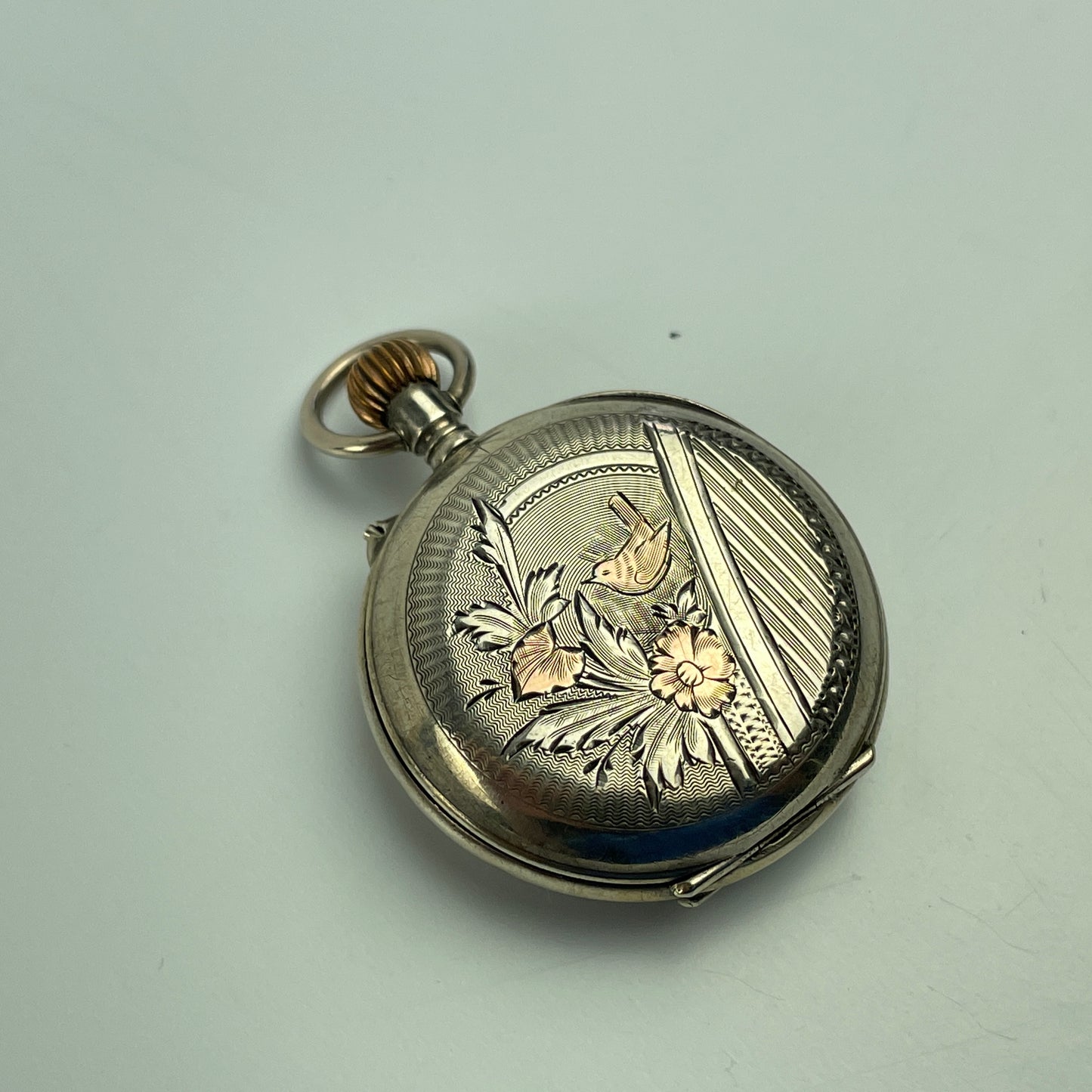 Lot 8- Swiss 35 MM Coin Silver with Gold Birds Pocket Watch