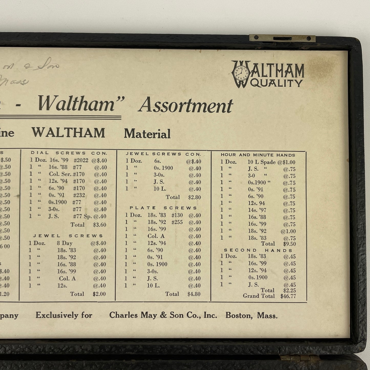 Jan Lot 3- Watchmaker’s “Mayson-Waltham” Late 19th Century Parts Assortment