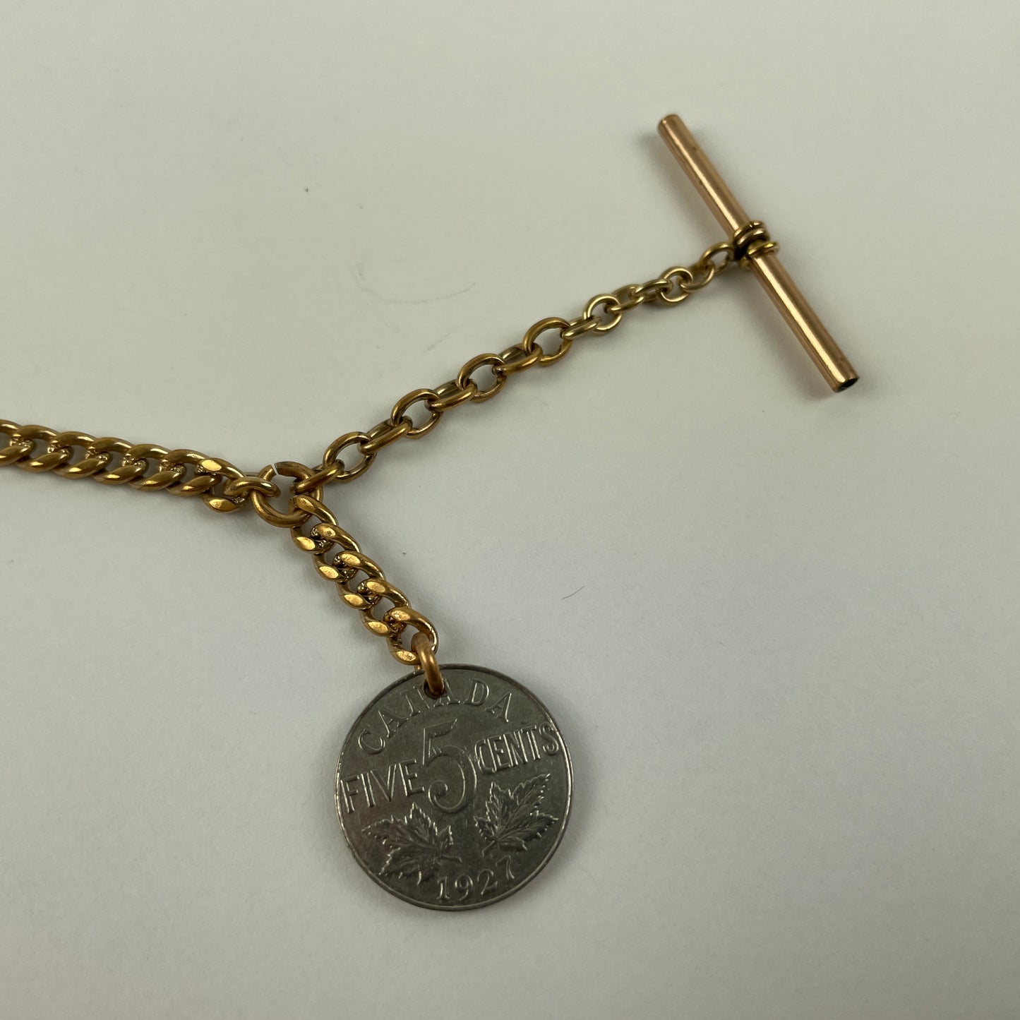 Jan Lot 54- Men's YGF 13-ince Pocket Watch Chain w/ Canadian 5 cent coin