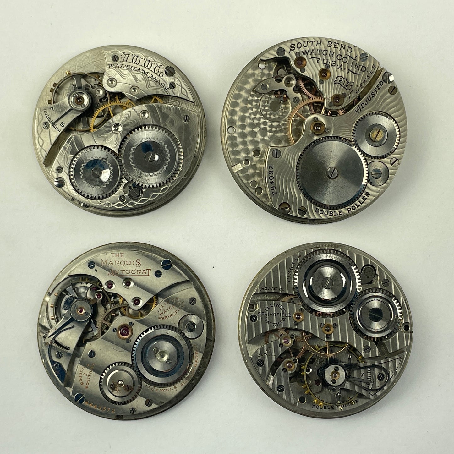 Apr Lot 66- Illinois, Waltham & South Bend 12 & 16 Size Pocket Watch Movements