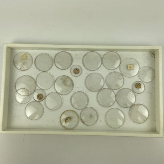 Apr Lot 75- Assortment of 25 Thick Beveled Labeled Pocket Watch Glass Crystals