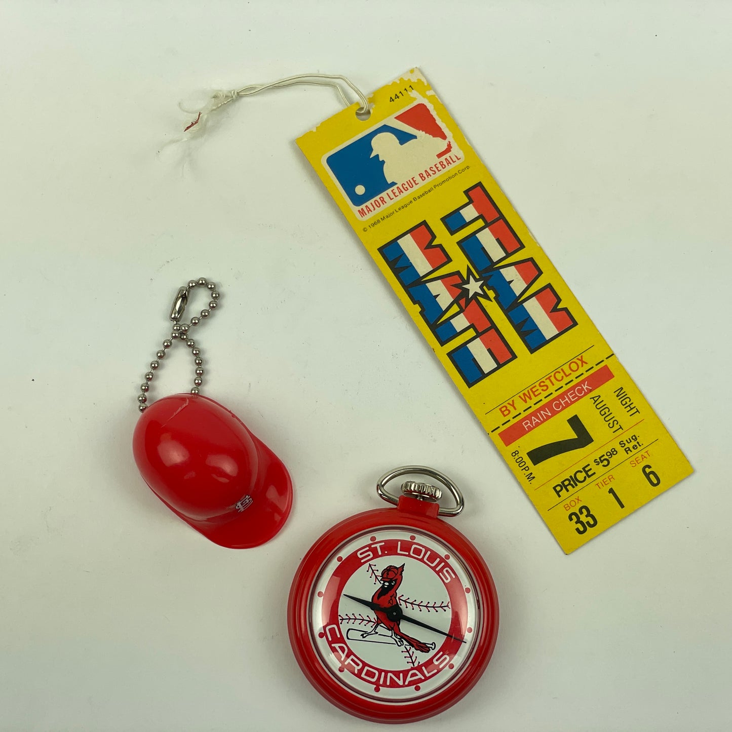 Lot 101- Westclox St. Louis Cardinals “TEAMMATE” Pocket Watch, Baseball Cap & Admission Ticket Circa 1968