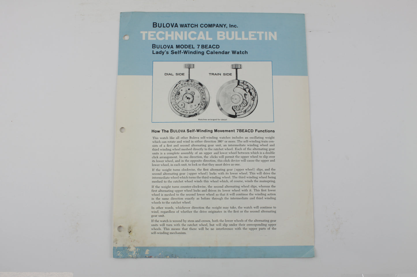 Bulova Model 7 BEACD Lady’s Self-Winding Watch Technical Bulletin